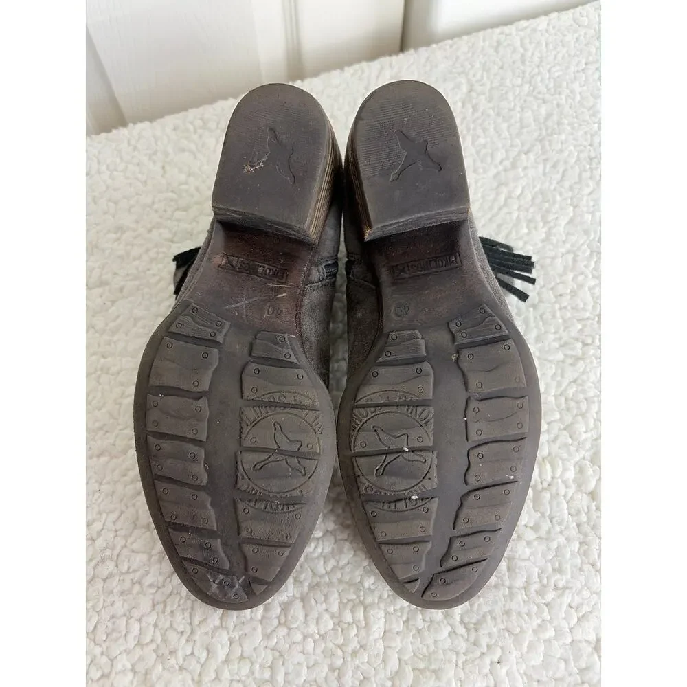 Pikolinos‎ Womens Grey Suede Booties Size 40 9.5 Baqueira Block Heel Tassel